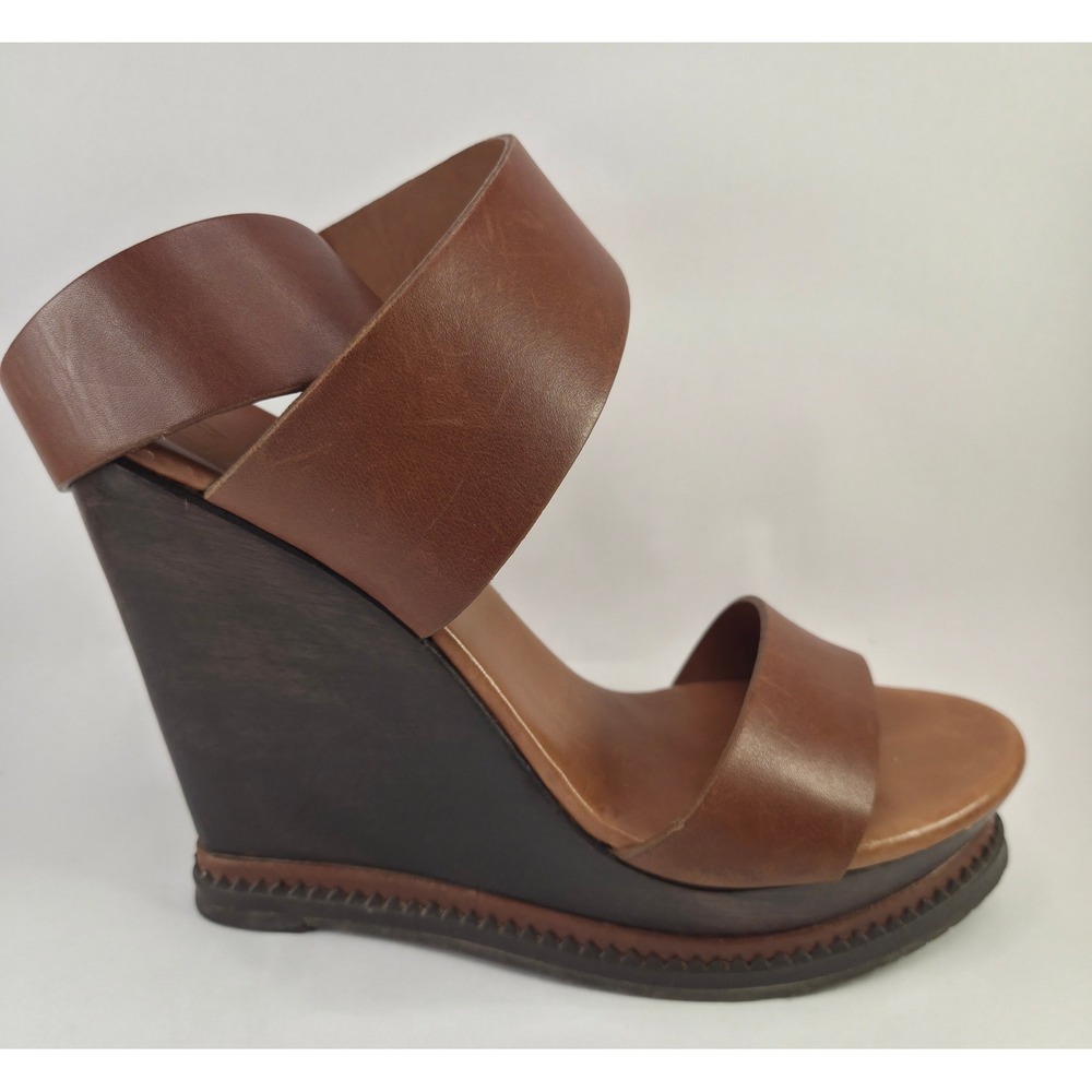 Diane von Furstenberg DVF Opal Leather Wedge Sandals Brown Size 7.5